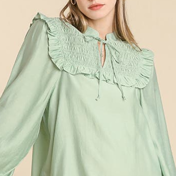 Umgee Long Sleeve Smocked Ruffle Yoke Tie Front Peephole Mini Dress Size M - Picture 4 of 6